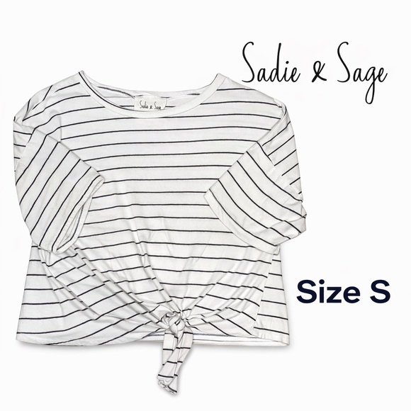 Sadie & Sage Tops - Sadie & Sage Striped Tie Front Crop Top Small White Black Short Sleeve EUC